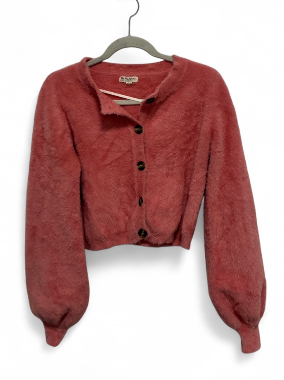 For Love & Lemons Pink Fuzzy Button-Front Cropped Cardigan Sweater